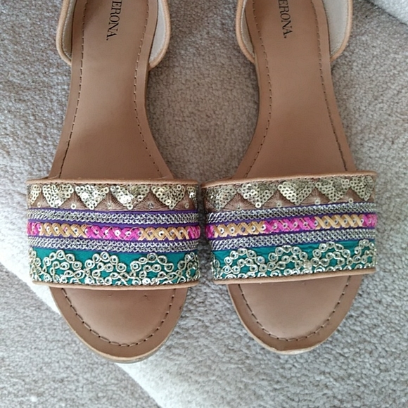 Merona Embellished Sequins Open Toe Flats 8 Pink Yellow Brown - Picture 3 of 9